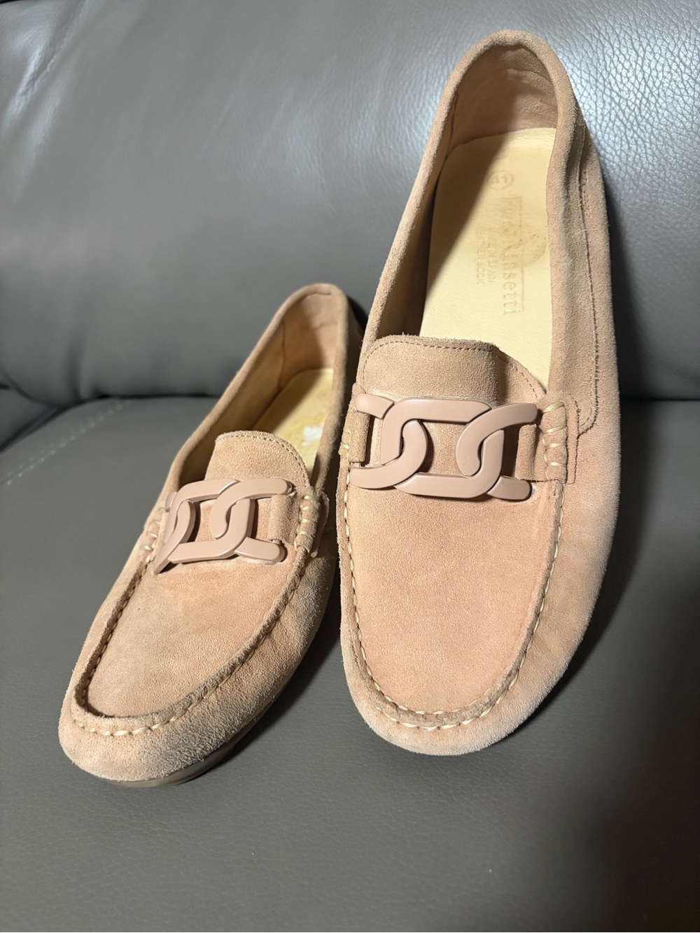 PIERO MASSETTI Leather Loafers with Chain Accent - Beige